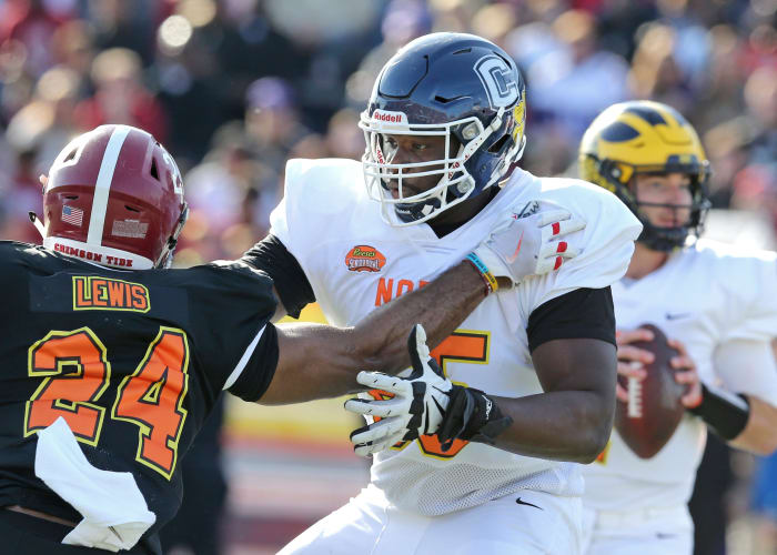 Jan 25, 2020; Mobile, AL, USA; North offensive tackle Matt Peart of Connecticut (65) in the first half of the 2020 Senior Bowl college football game at Ladd-Peebles Stadium. Mandatory Credit: Chuck Cook-USA TODAY Sports